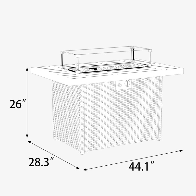 Table de 44 po avec foyer au gaz propane, foyer rectangulaire de 55 000 BTU avec pare-vent en verre pour la terrasse extérieure du jardin
