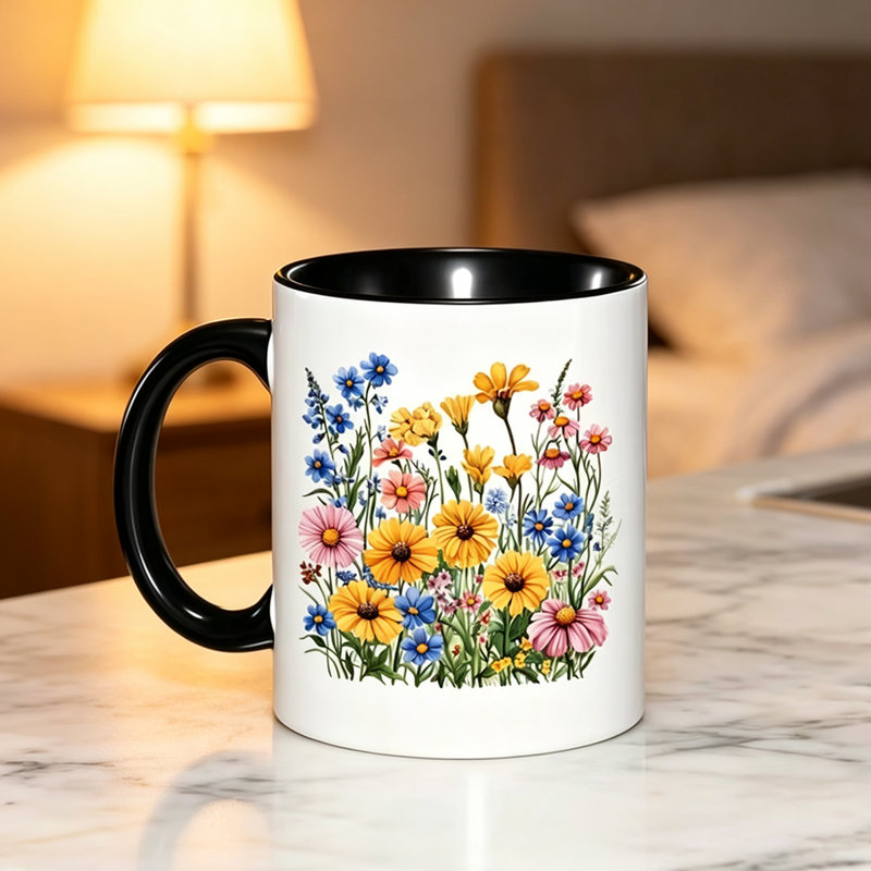 Brightly Colored Floral Ceramic Mug for Tea - Reusable And Insulated Travel Cup, Hand-Wash Only - Great for Both Hot And Cold Drinks.