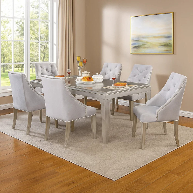 Ensemble de table de salle à manger 7 pièces Jamie, 6 chaises capitonnées en tissu, gris argenté