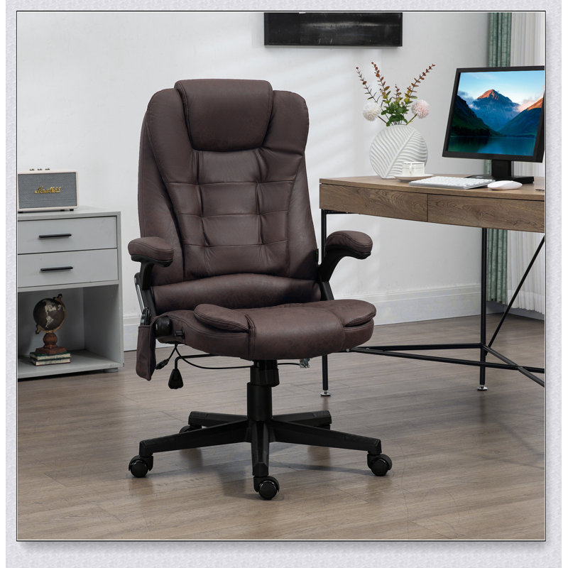 Fauteuil de bureau à 6 points de massage vibrant avec chaleur, fauteuil de direction à haut dossier en microfibre avec dossier inclinable, accoudoirs rembourrés et télécommande, café
