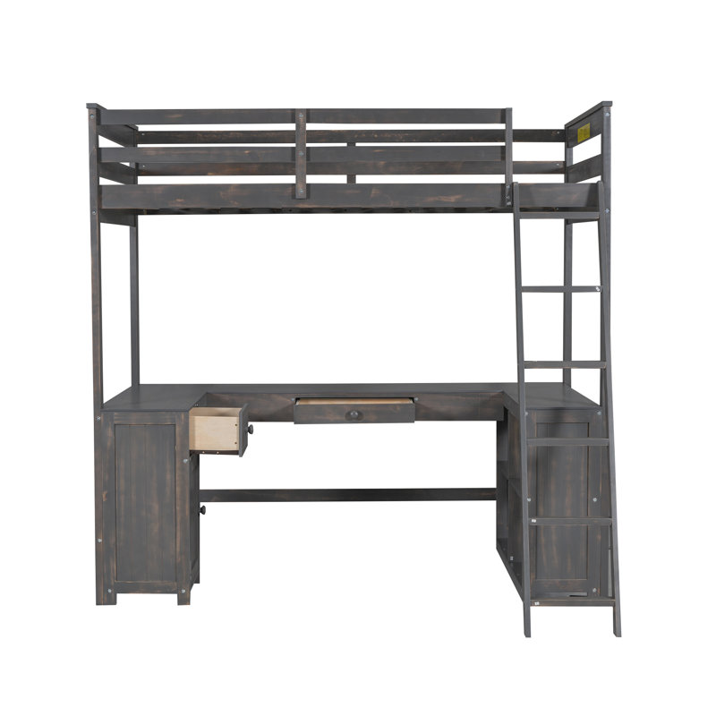 Twin Size Loft Bed with U-shaped Desk, Drawers and Storage Shelves, Brown