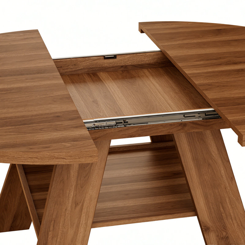 43.2"-59.1" Extendable Round Dining Table Set, Mid Century Wooden Round Kitchen Table, Walnut Coffee Table For 8 Person,pu Leather Chair