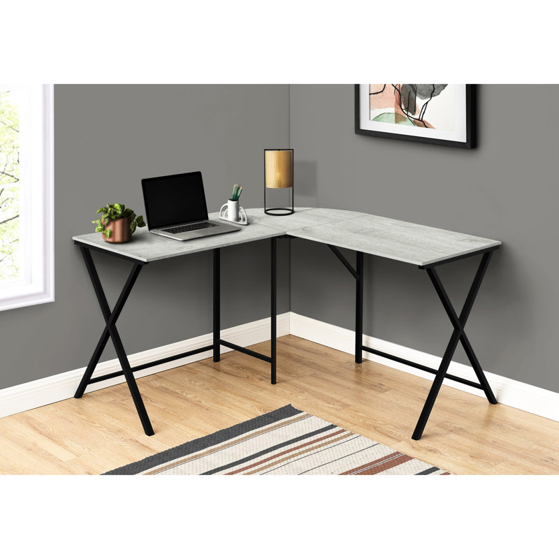 Bureau d'ordinateur en forme de L à usage domestique, l 55 po, stratifié gris et métal noir, bureau moderne peu encombrant, métal