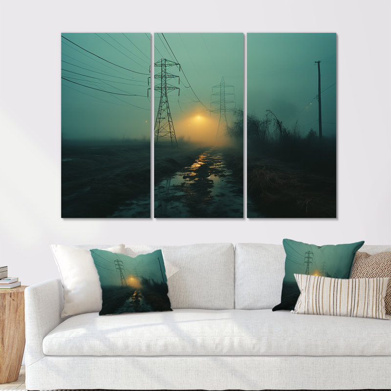 Teal Tangle Power Lines Mystery - Ensemble de salon mural Power Lines, Toile tendue, H 32 po x l 48 po x P 1 po