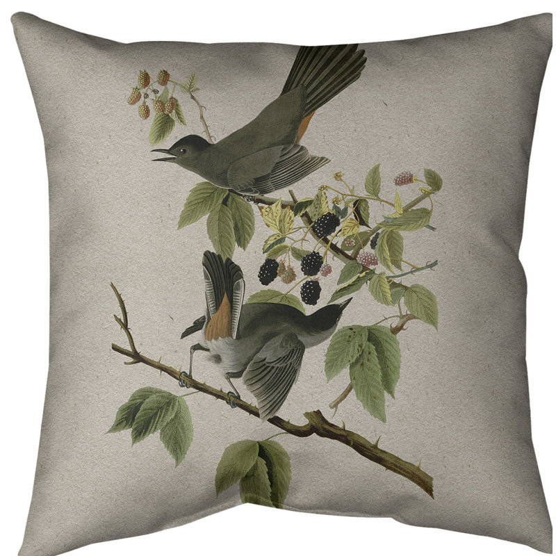 Coussin décoratif à chat oiseau, 14 po x 14 po, Gris, Faux lin