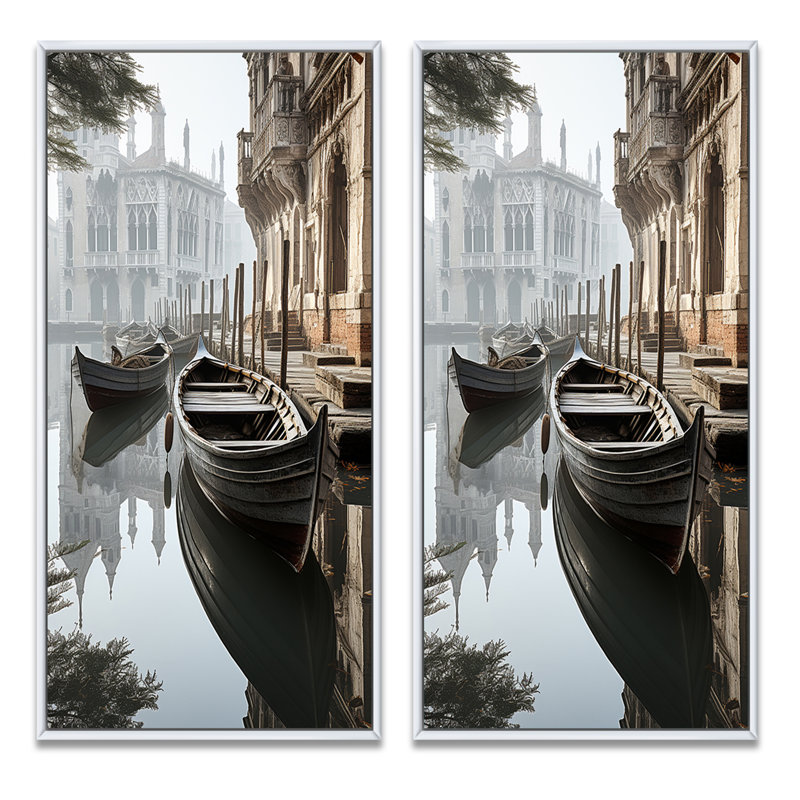 «Gray Canal Reflections In Monicoloch», 2 pièces sur toile, Cadre blanc, H 32 po x l 32 po