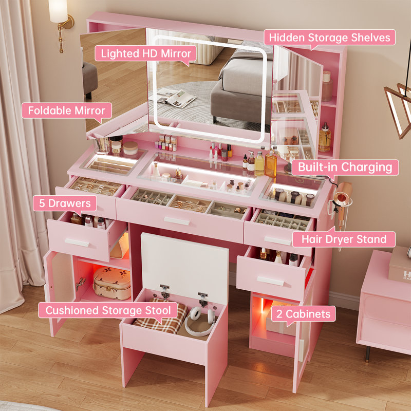 Ato Makeup Vanity Desk With Led Mirror & Power Outlets, Glass Top & 5 Drawers, Dressing Table With 2 Lighted Cabinets, Pink