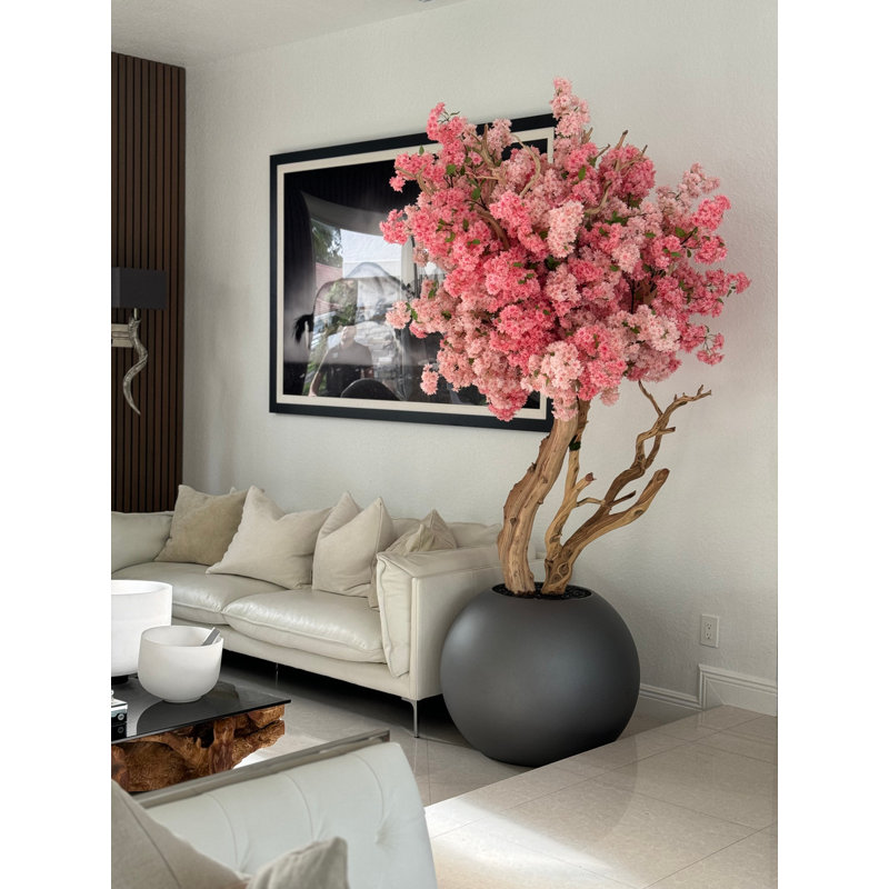 Pink Cherry Blossom Tree In 30" Globe Planter, White