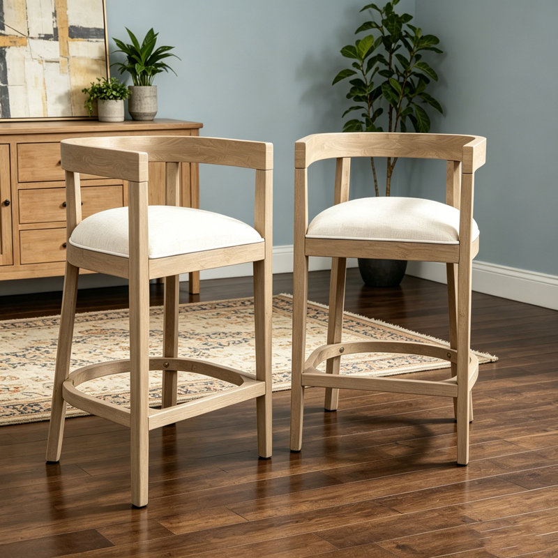 Ensemble de tabourets de comptoir modernes en bois d'hévéa avec sièges rembourrés confortables et découpe élégante, Naturel