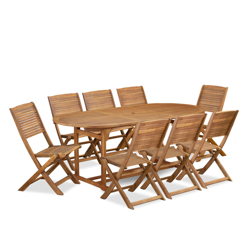 Ensemble de table de jardin 9 pièces comprenant une table de salle à manger d'extérieur ovale en bois d'acacia et 8 chaises d'appoint pliantes, 36 po x 78 po, huile naturelle