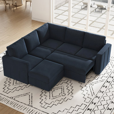 Rafael Velvet Chenille U Shaped Modular Sectional Sofa Apartment Pull Out Sofa Bed Sleeper Corner Sofa With Storage Ottoman