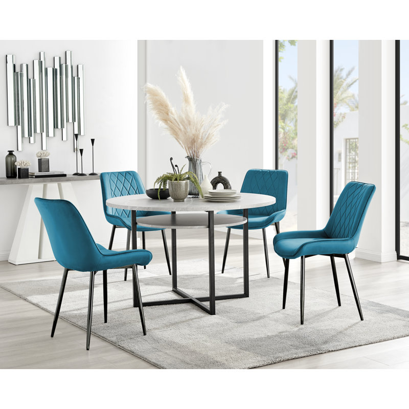 Round Concrete Effect & Black Legs Dining Table With Storage Shelf  & 4 Faux Leather Dining Chairs, Blue/Black