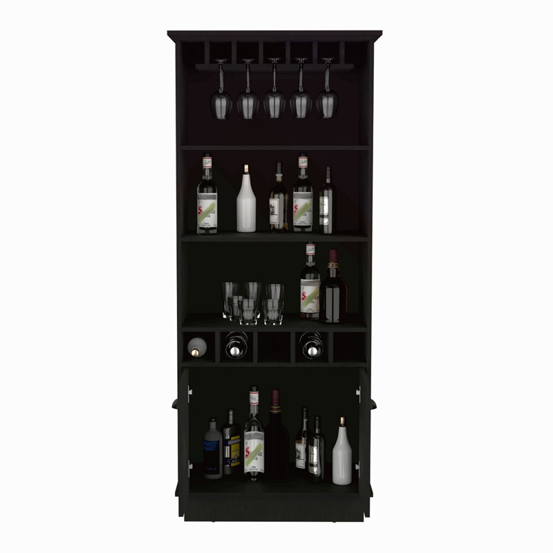 Bar 70 pouces de haut avec 10 verres et 5 casiers et 3 tablettes ouvertes, Noir