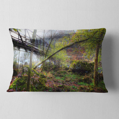 Creek and Bridge with Sunbeams Landscape Photography Lumbar Pillow