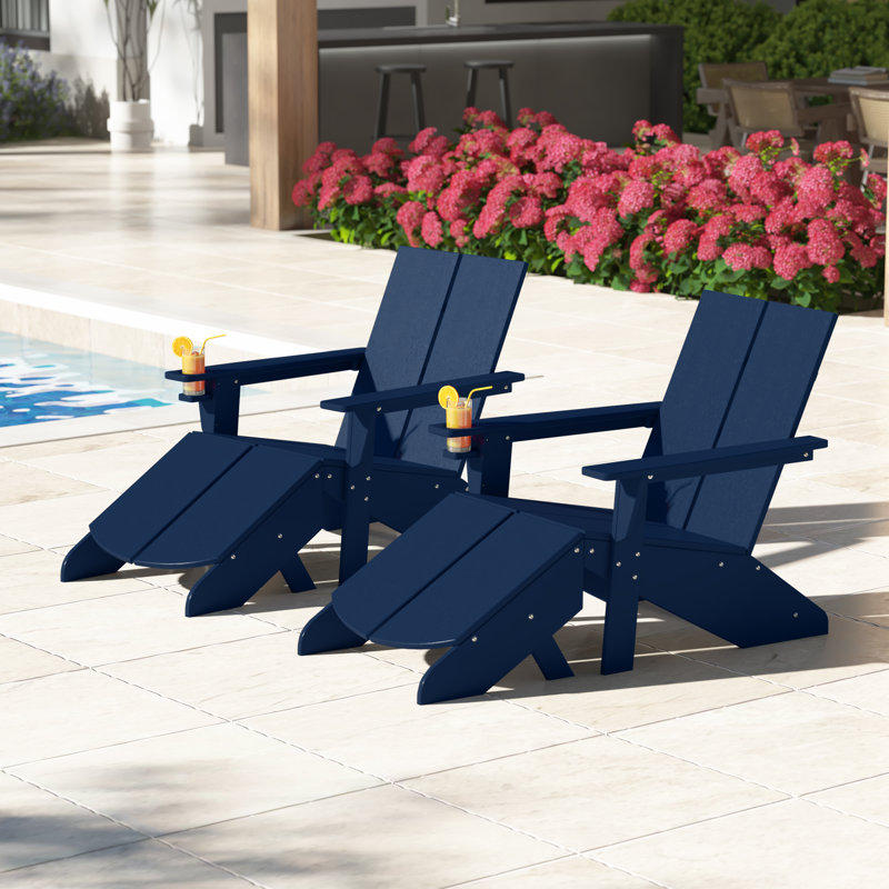 Modern Poly Adirondack Chair With Ottoman (Set Of 2), Navy