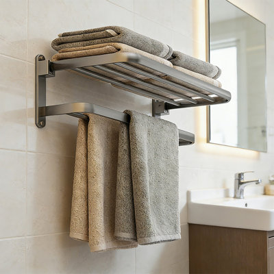 24-Inch Matte Brushed Satin Nickel Finish Wall Mounted Towel Holder with Shelf and Two Towel Bars