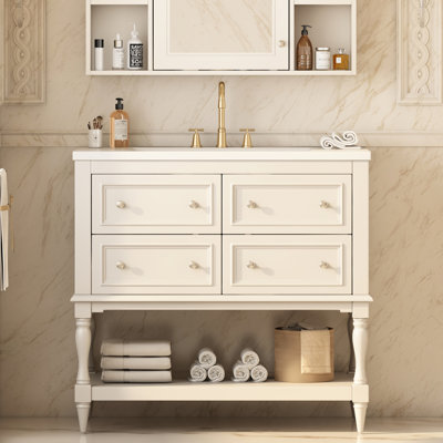 Meuble-lavabo 36 po - Beige. Fabrication en bois massif. 4 tiroirs. Lavabo en céramique. Bassin de rangement fonctionnel