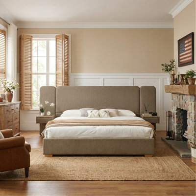 Chenille Built-in Nightstands King Bed Frame with Storage Drawers, No Box Spring Needed, Brown