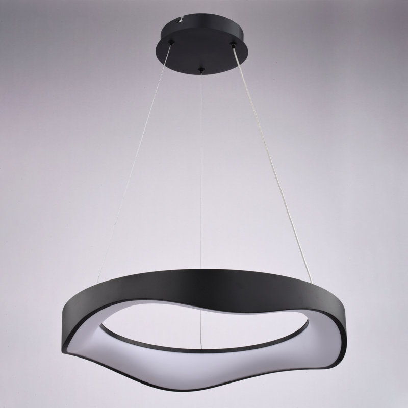 Bowen 1-Light 20.5 In. Wide Textured Black Contemporary Round Chandelier With White Frosted Acrylic Shade, Integrated LED, Adjustable Height, Hanging Ceiling Pendant Fixture For Dining Table Kitchen Entryway Bedroom Island Foyer