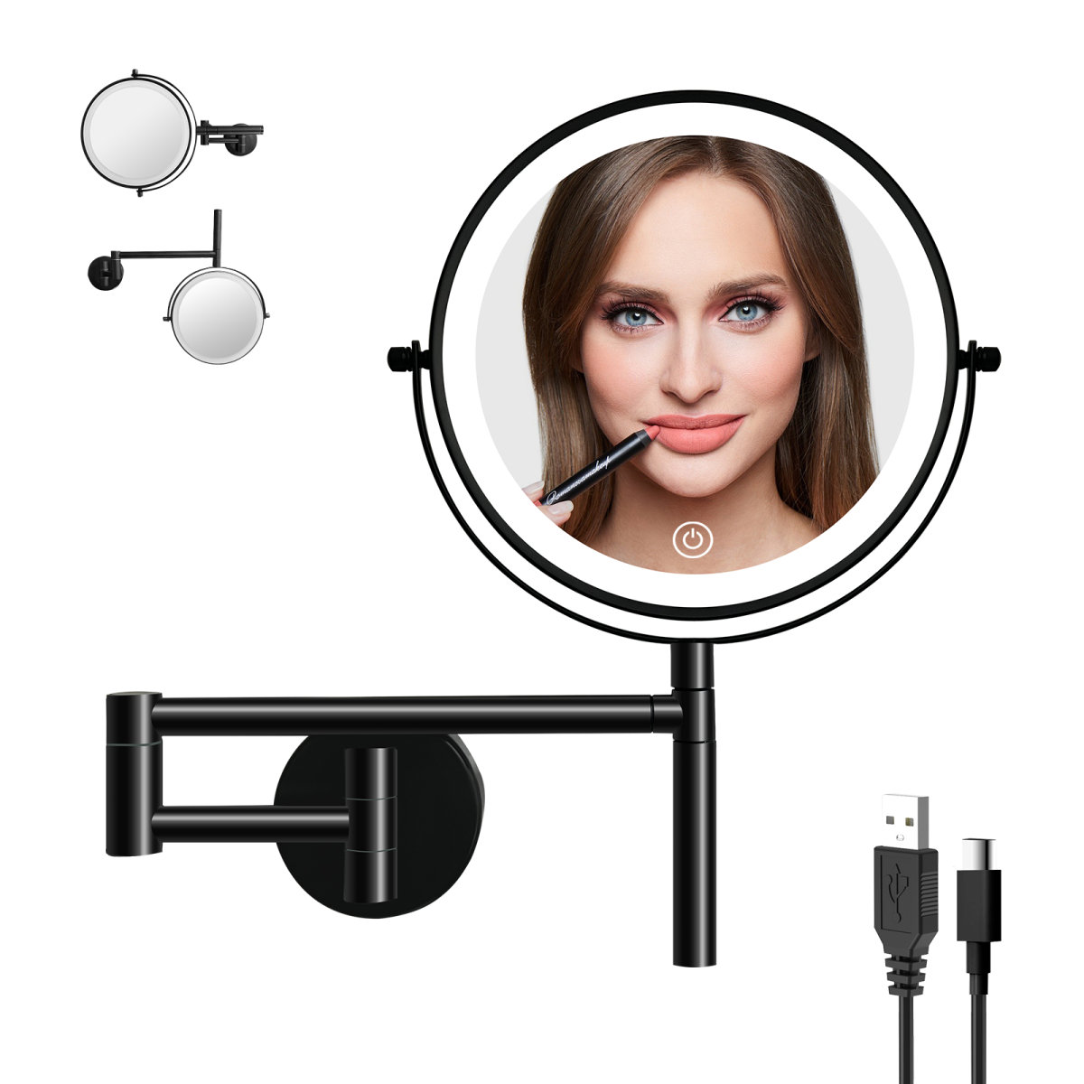  Symple Stuff Mooney Rechargeable Round Metal LED Wall Mounted Makeup ...