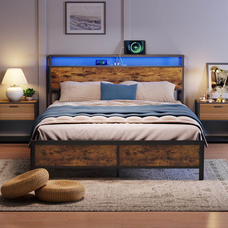 Industrial Full Bed Frame With LED Lights And 2 USB Ports, Bed Frame Full Size With Storage, Noise Free, No Box Spring Needed, Rustic Brown
