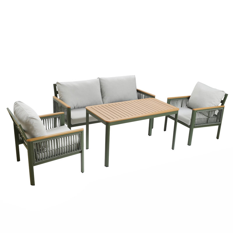 Ensemble de conversation moderne 4 pièces avec causeuse, ensemble de mobilier de patio en aluminium vert