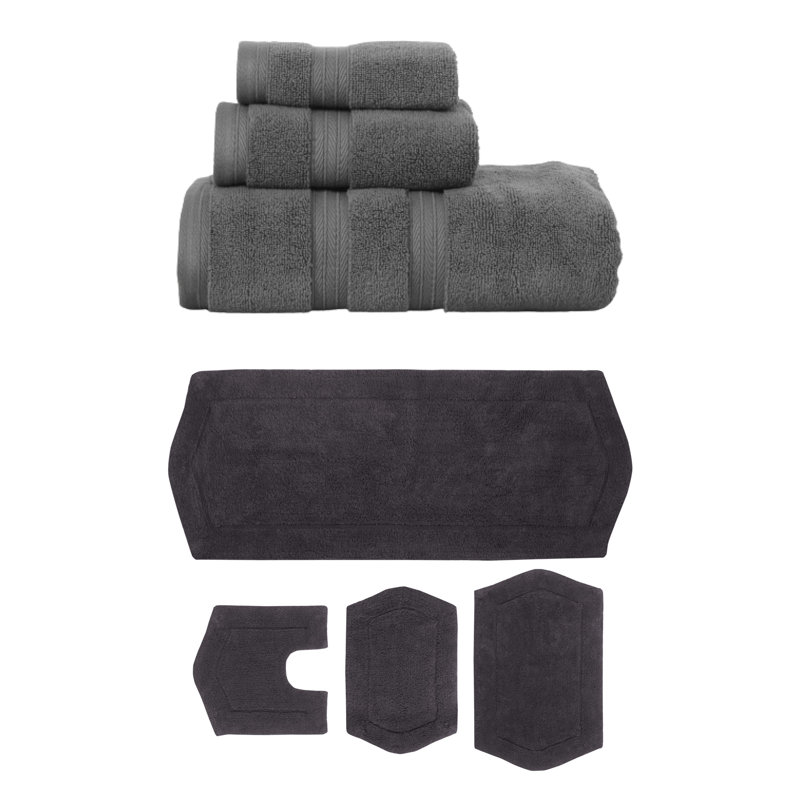 Bryd Collection 100% Soft Cotton 3 Pc Towel Set & 4 Pc Bath Rug Set, (Set of 7), Dark Gray