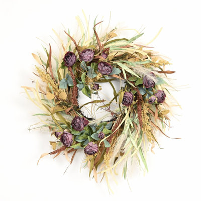 Couronne de 24 po avec feuilles mélangées artificielles, récolte, herbe séchée, baie, automne, pampa, herbe, roses, couronne de fleurs, décor de l'Action de grâce
