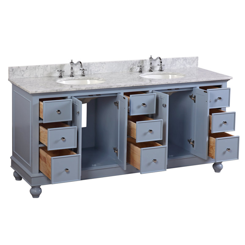 Ensemble de meuble-lavabo double 72 po Ferdinand, Bleu poudré, Marbre de Carrare