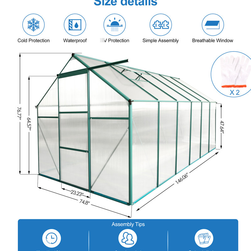 Serre en polycarbonate robuste de 6 pi x 12 pi - pour la cour extérieure avec ventilation de toit réglable et
