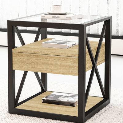 De 2 tables de chevet de style industriel avec tiroir, tables de bout pour la chambre à coucher et le salon, bois naturel, plateau en verre trempé et espaces modernes avec approche d'économie d'espace, rangement efficace