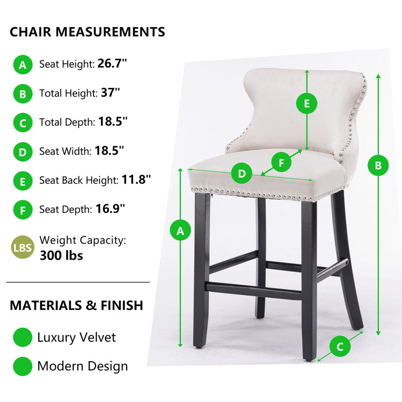 Velvet Upholstered Wing-Back Solid Wood Bar Stools  (Set of 2), White