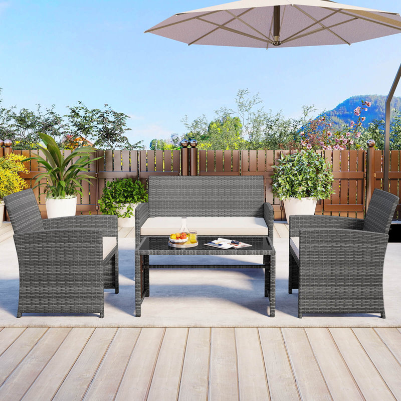 4 PCS Patio Conversation Set with Seat Cushions & Tempered Glass Tabletop, Outdoor White + Gray, Gray, White