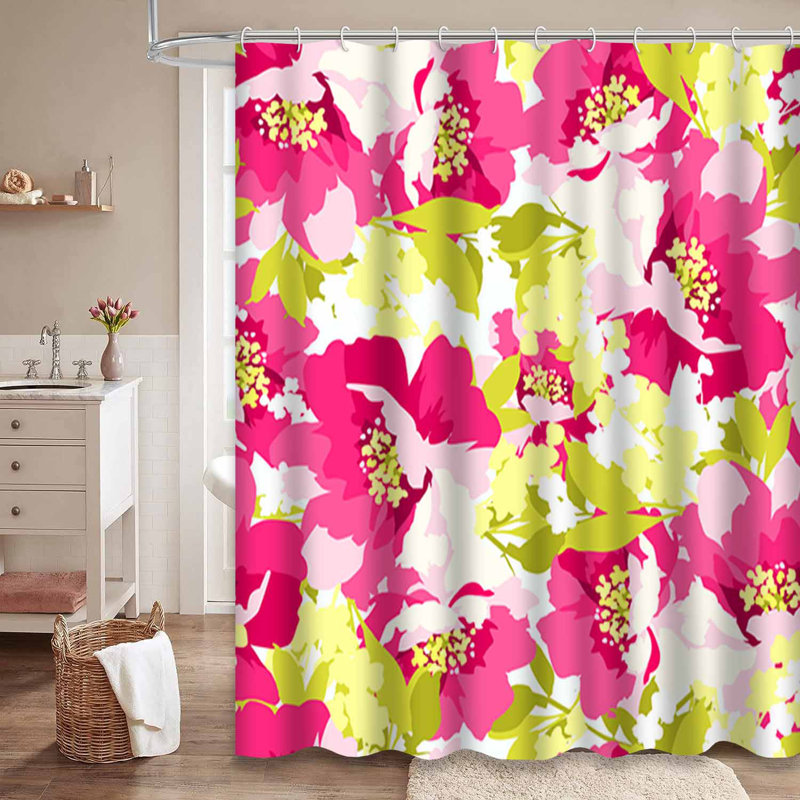 Magnifique rideau de douche à motif floral rose et vert avec 12 crochets, L 72 po x l 72 po