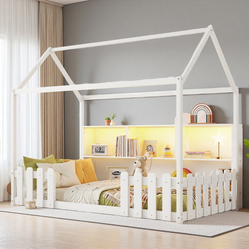 Lit simple avec lumière DEL, lit maison en bois avec bibliothèque de rangement, lit maison au sol avec garde-corps, Blanc