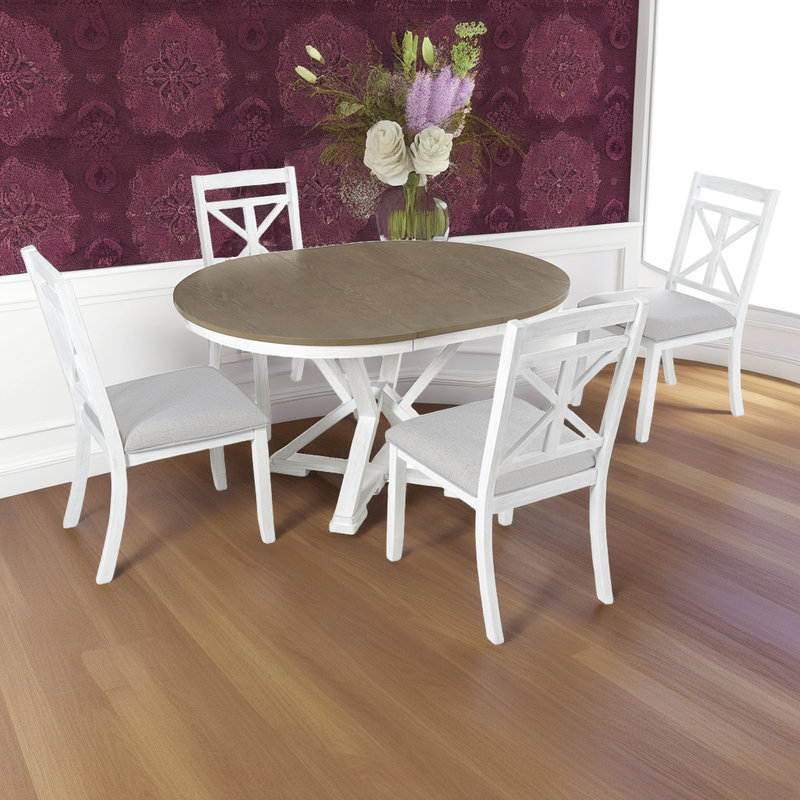 Ensemble de table de salle à manger extensible 5 pièces, table ronde à ovale et 4 chaises rembourrées, Brun / Blanc, Blanc