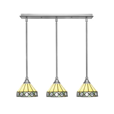3 Light Stem Hung Linear Pendalier Shown With 7" Diamond Peak Art Glass