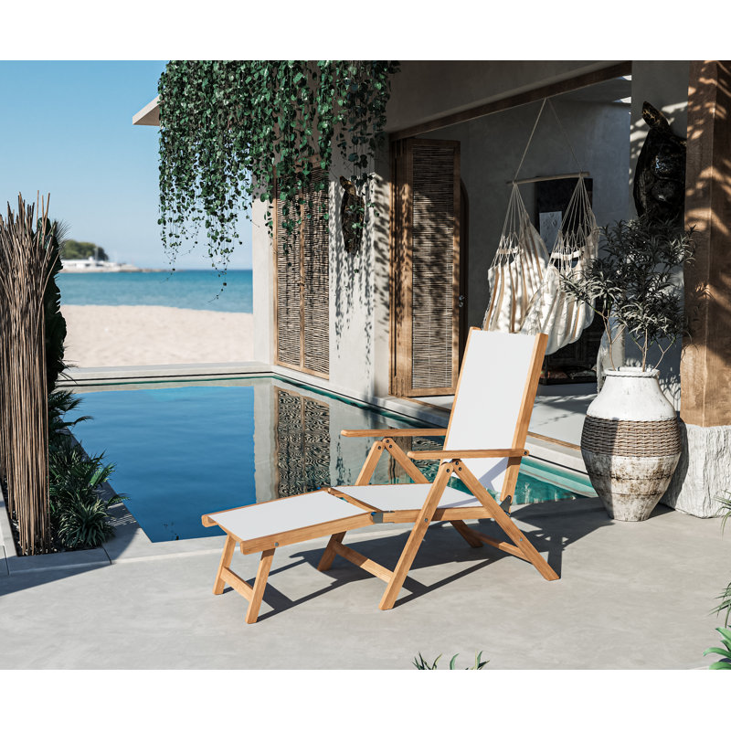 Aquitania Teak Outdoor Folding Lounge Deck Chair In Black, Tan 
