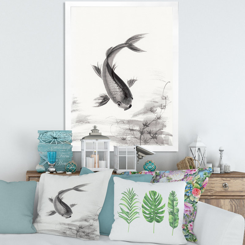 " Monochrome Vintage Fish I " Painting Print, 20" H x 12" W x 1.5" D, White Framed Canvas