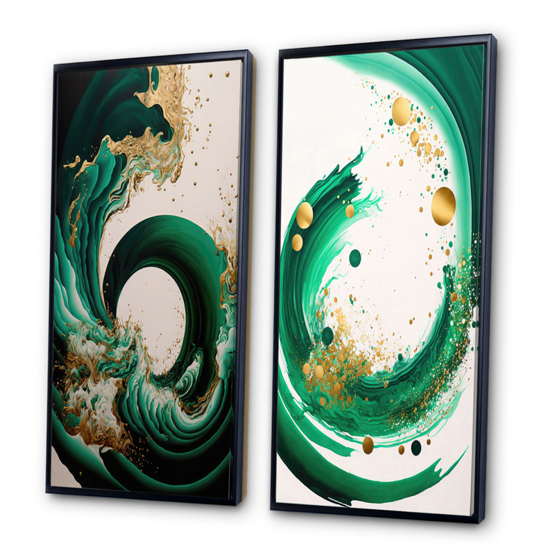 «Emerald Green and Gold Abstract Waves IV», 2 pièces sur toile, Cadre noir, H 40 po x l 40 po