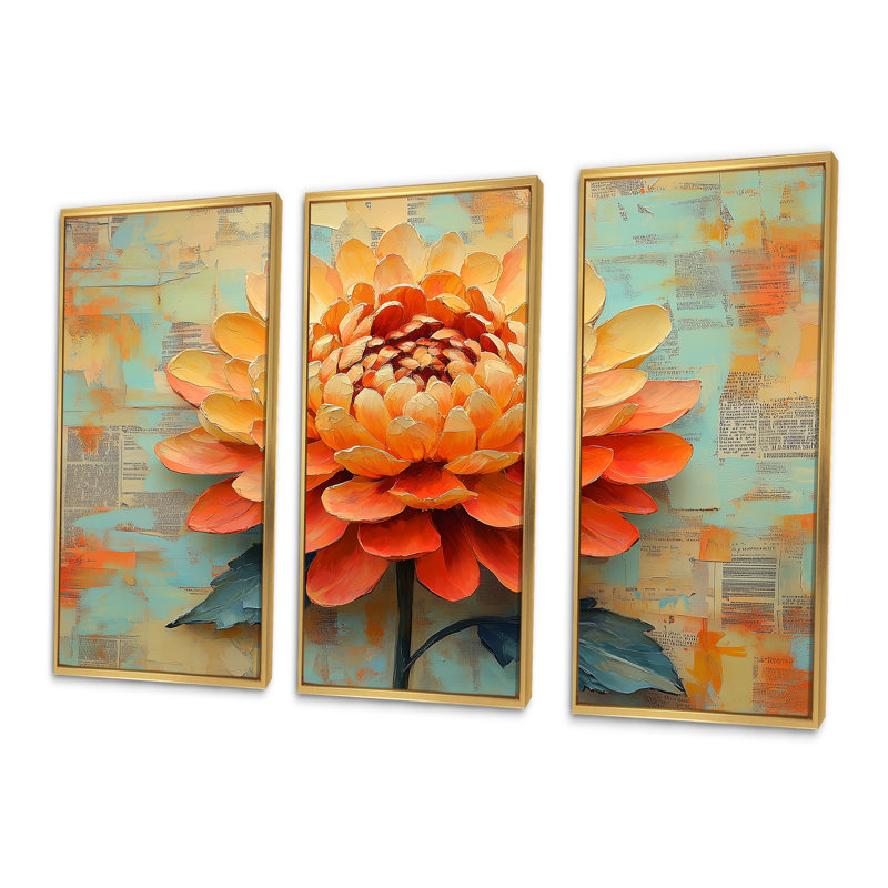 Ensemble de décorations murales - Chrysanthème jaune et orange, Toile avec cadre flottant or, H 28 po x l 36 po x P 1 po