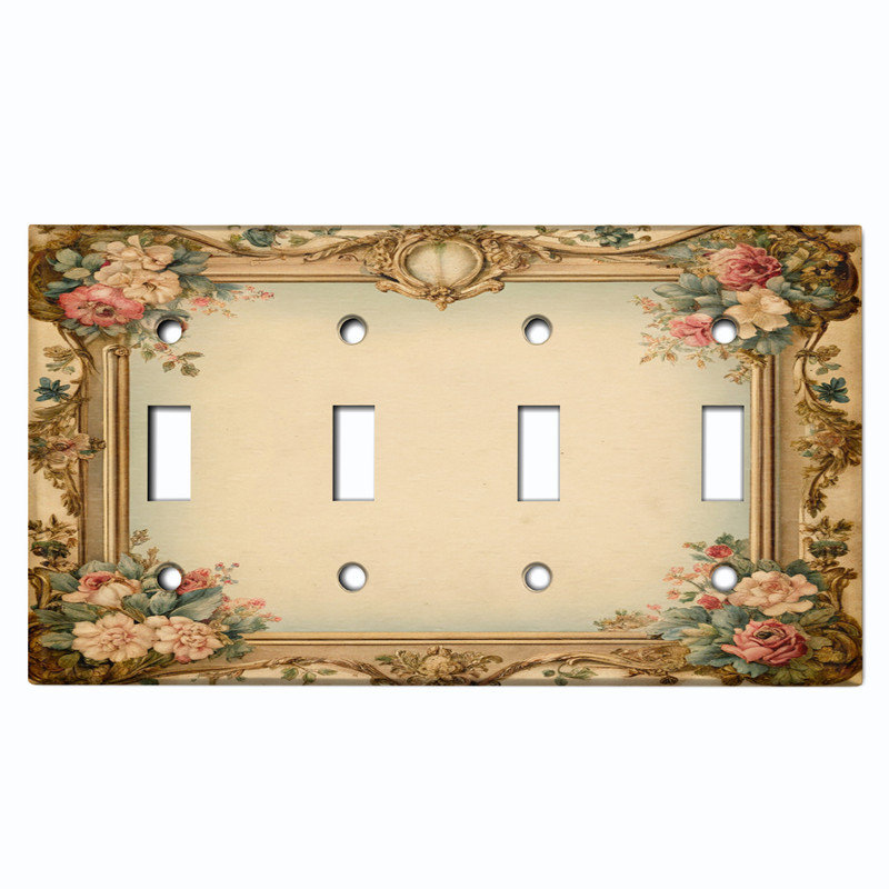 Couvercle de plaque d'interrupteur en métal; 4 bandes à bascule - cadre floral rétro, # 4 Quad bascule