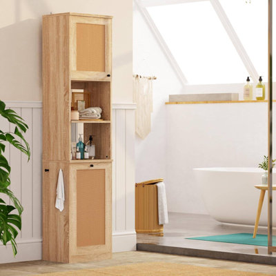 Grande armoire de salle de bain 68 po - Tour de lin étroite autoportante avec tablette réglable et sac à linge inclinable, design en rotin mince