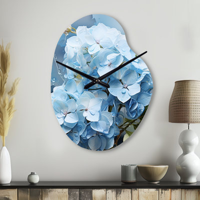 Blue Hydrangea Subtle Serenade - Unique Shape Hydrangea Metal Wall Clocks, Asymmetrical Wall Clock Print