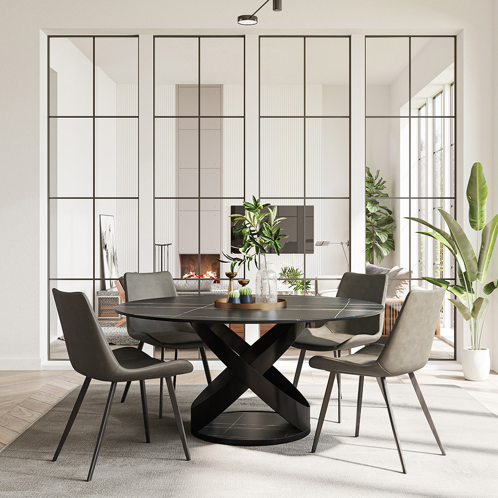 Maxwell Modern Round Dining Table for 4-8 with Sintered Stone Tabletop, X Carbon Steel Base Pre-Assembly Orren Ellis Table Top Color/Table Base 