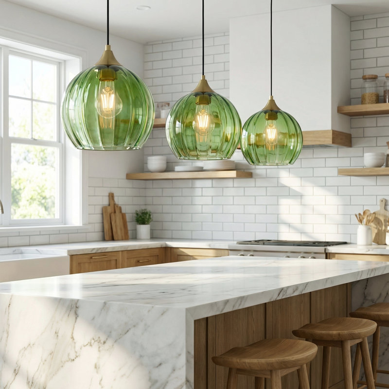 3-Light Single Glass Pendant Light Globe Adjustable Height for Kitchen Island Dining Room, Brushed Brass, 3 Pack, Green