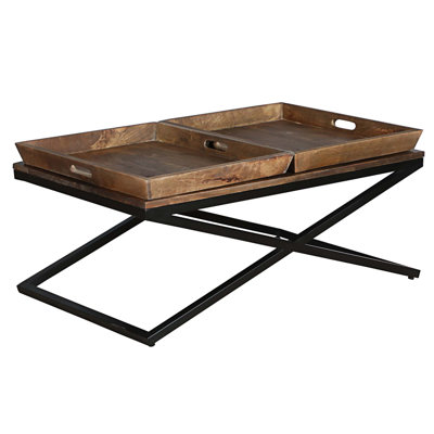 Table basse 38 pouces rectangulaire en bois de manguier, 2 plateaux, base en X, brun et noir