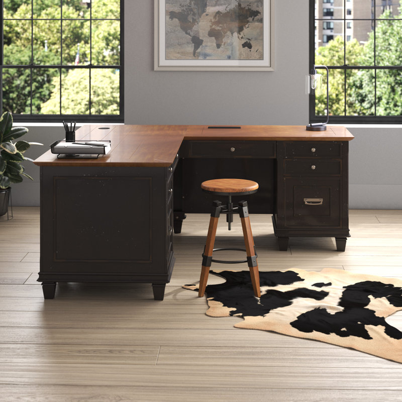 Django L-Shaped Solid Wood Base Executive Desk with Power Outlet