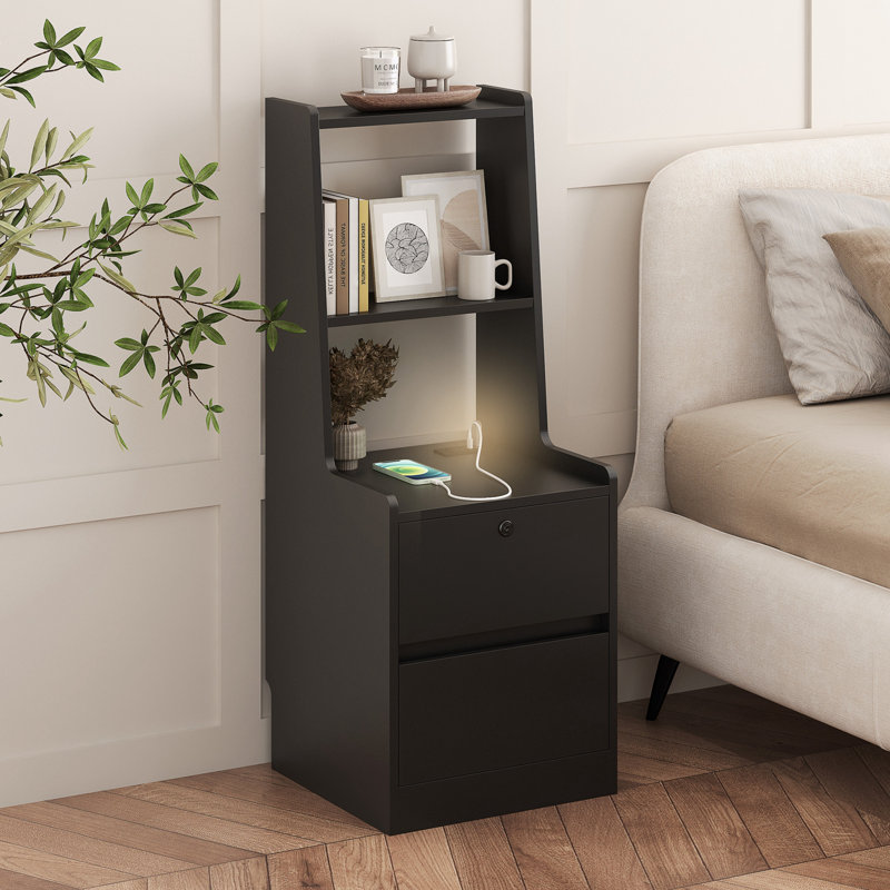 Nightstand with Charging Station, Light and Bookshelf, Black