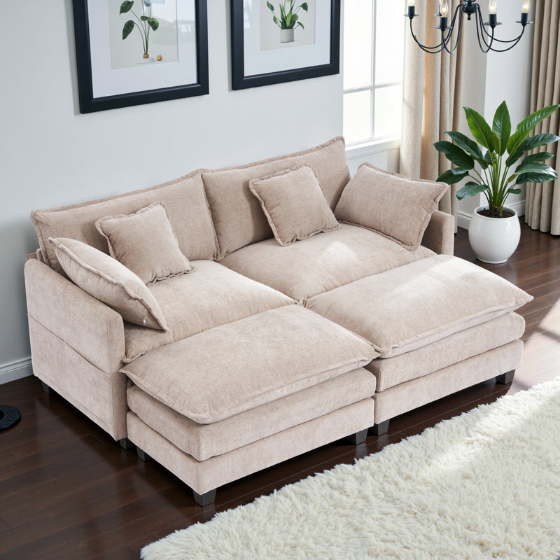 Chenille Modular Sleeper Sofa | Cloud Style Convertible Sectional Couch, Soft Fabric, Modern Living Room Furniture, Khaki